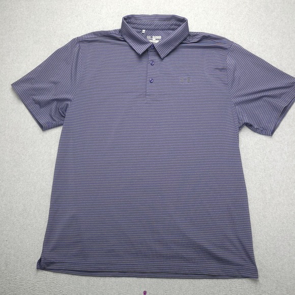 Under Armour HeatGear Polo Shirt Mens 2XL Purple Stripe Golf Performance Stretch - Picture 2 of 10